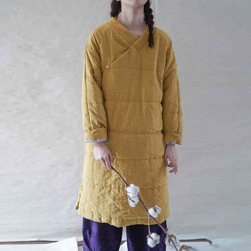 

Johnature Women Pullover Parkas Chinese Style Coats V-Neck Long Sleeve Spring Solid Color Vintage Warm Parkas Coats 210521, Yellow