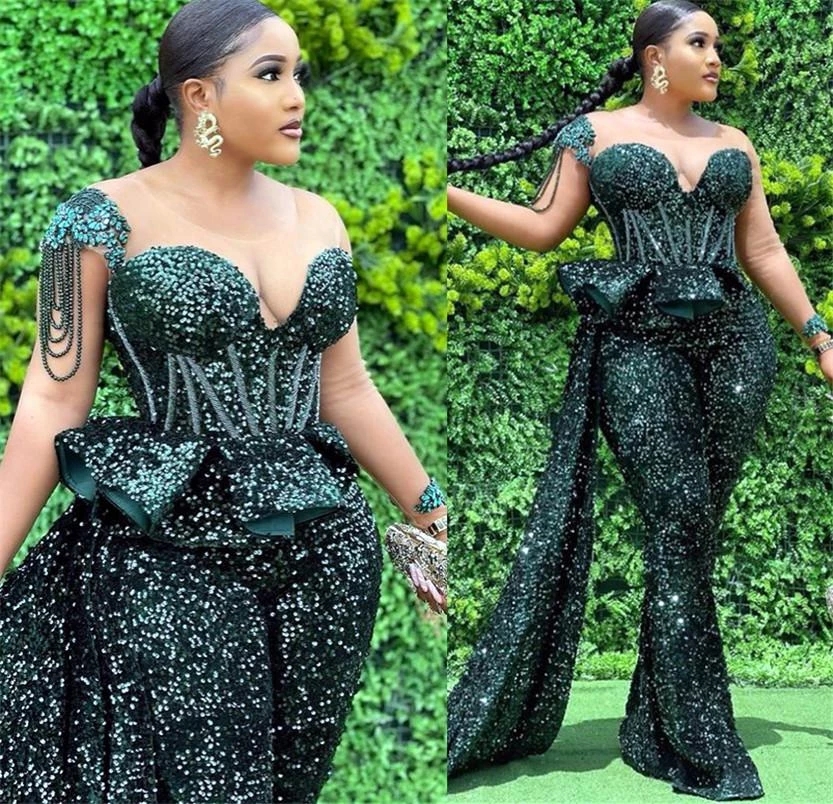 

Hunter Green Jumpsuits Prom Dresses African Glitter Sheer Neck Sequined Long Sleeve Plus Size Formal Evening Gowns Pageant Dress