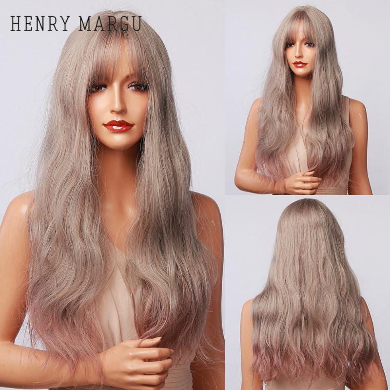 

Synthetic Wigs HENRY MARGU Long Ombre Ash White Light Purple Mixed With Bangs Cosplay Lolita Wavy Heat Resistant Wig For Women, Black