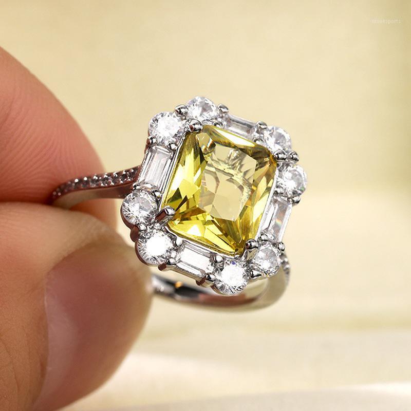 

Wedding Rings Classic Female Yellow Zircon Stone Ring Charm Silver Color For Women Luxury Square Crystal Big Engagement1