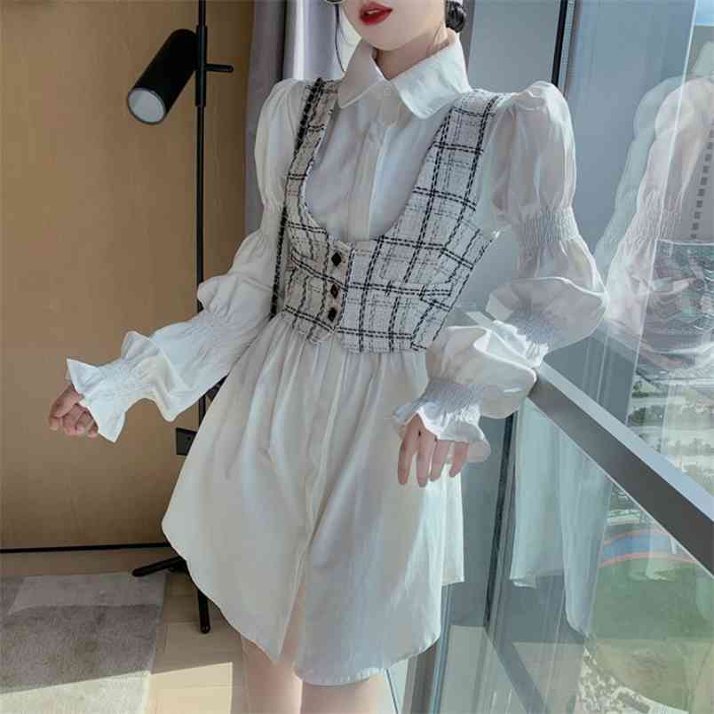 

Korean Fashion Two Piece Set Spring White Puff Sleeve Long Blouse Top And Plaid Tweed Vest Sweet Suit femme 210519, Only white shirt