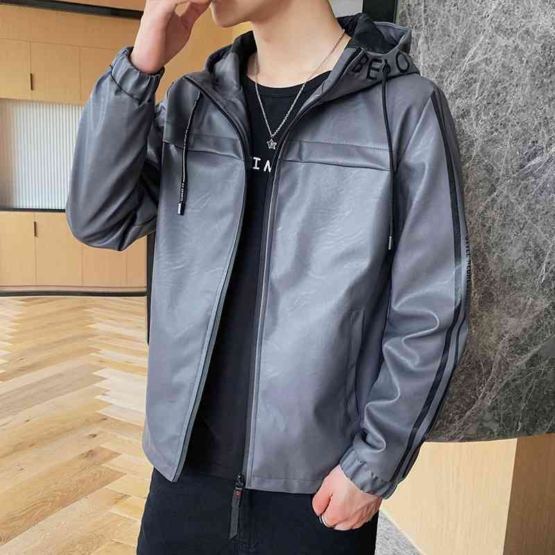 

2021 and winter new Korean handsome hooded motorcycle clothes leather clothes brand PU leather men's coat, Black suit