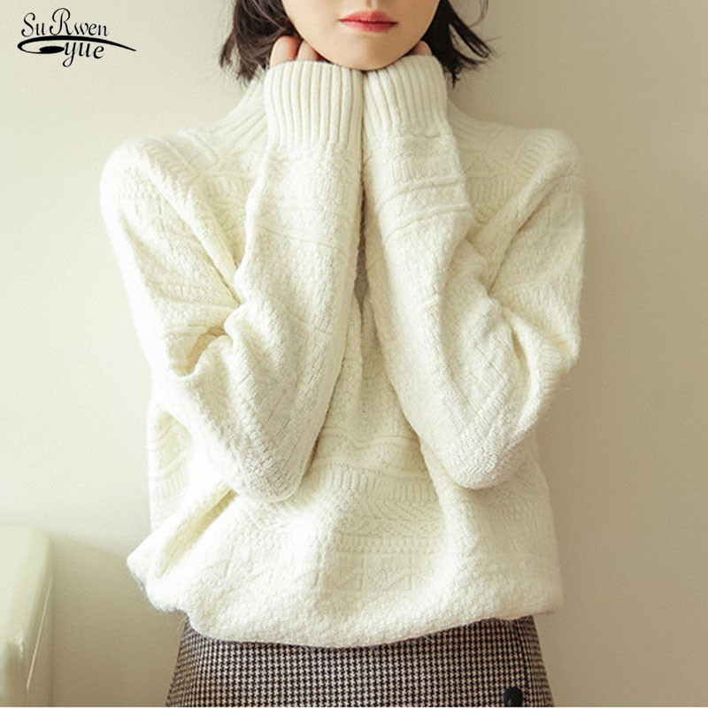 

Autumn Winter Long Sleeve Chic Sweater Clothes Women Half High Collar Loose Vintage Pullovers 10916 210521, White