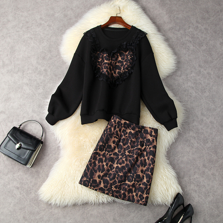 

European and American women's clothing winter 2022 new Long sleeve space cotton hoodie Leopard print skirt Fashion suits, Black