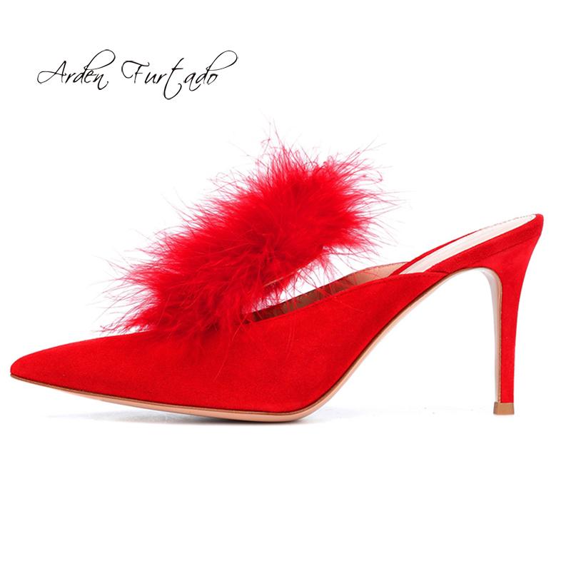 

Slippers Arden Furtado 2021 Summer Fashion Women's Shoes Pointed Toe Stilettos Heels Sexy Elegant Red Fur Mules Party, Black