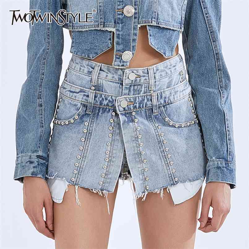 

Patchwork Rivet Tassel Denim Shorts For Women High Waist Sexy Wide Leg Fashion Clothing Summer 210521, Blue
