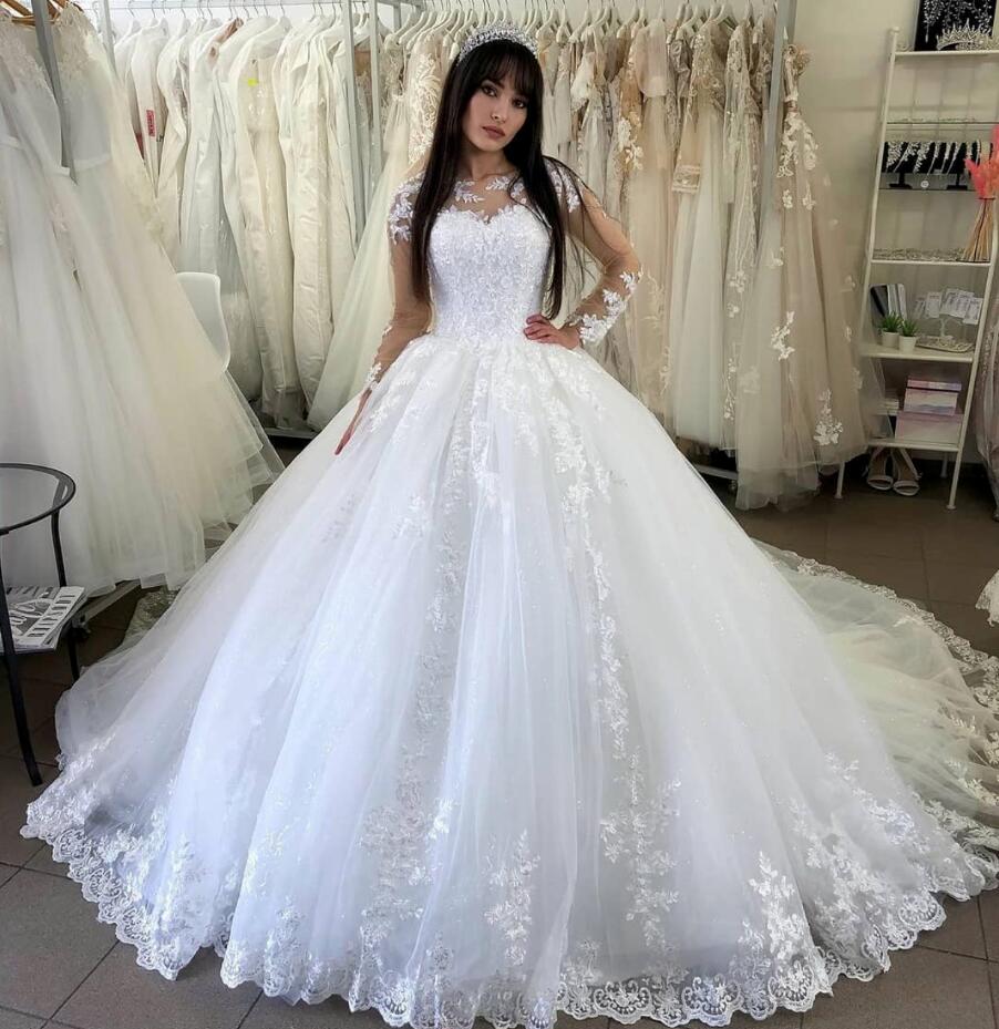 

Long Sleeve Wedding Dresses Bridal Gowns Modest Garden A-line Sheer Neck Church Dubai Arabic Sweep Train Lace Up Tulle, Ivory