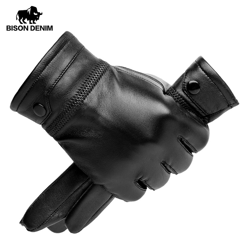 

BISON DENIM Men Genuine Sheepskin Leather Gloves Windproof Thermal Warm Touchscreen Glove Winter Warm Mittens S002g