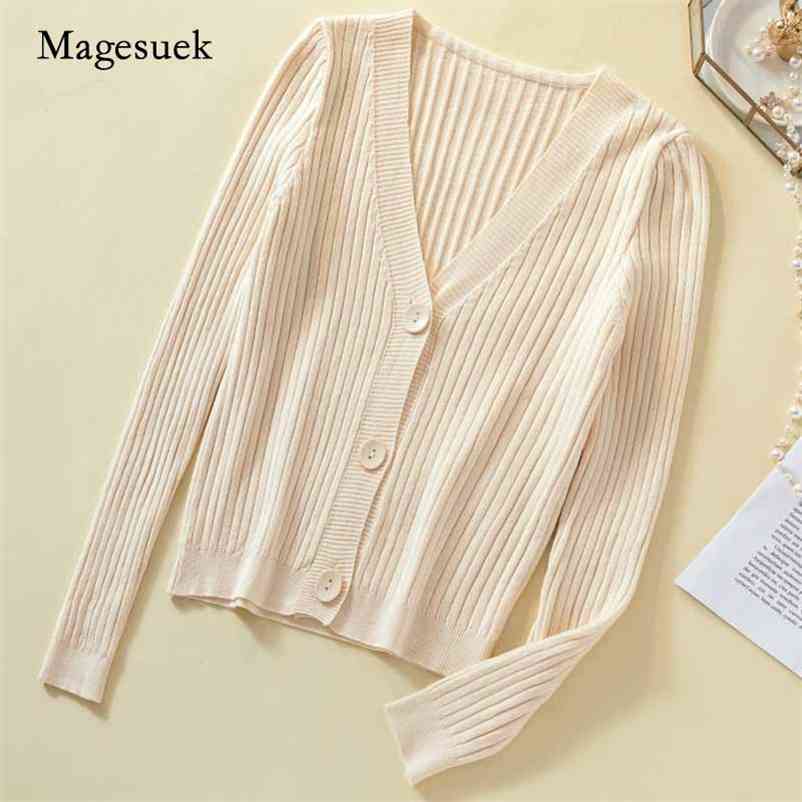 

Winter V-neck Cardigan Female Button Slim Solid Single Breasted Long Sleeve All-match Knitted Women' Sweater 10378 210518, White