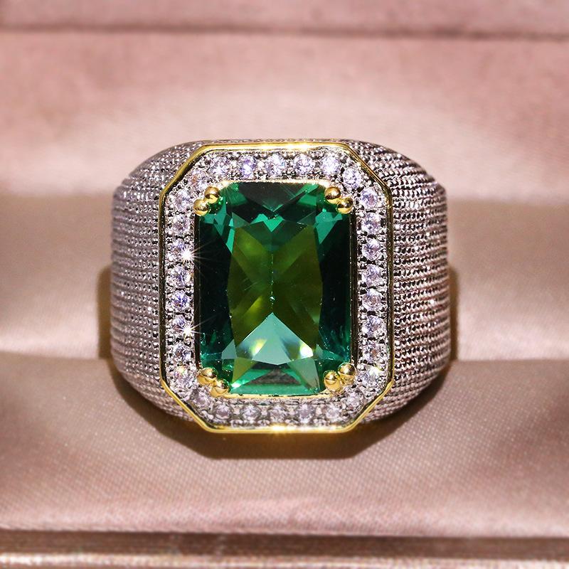 Cluster Rings Vintage Big Rectangle Green Crystal Zircon Wedding For Men Women Fashion Yellow Gold Filled Birthstone Ring Gifts-image-711762830