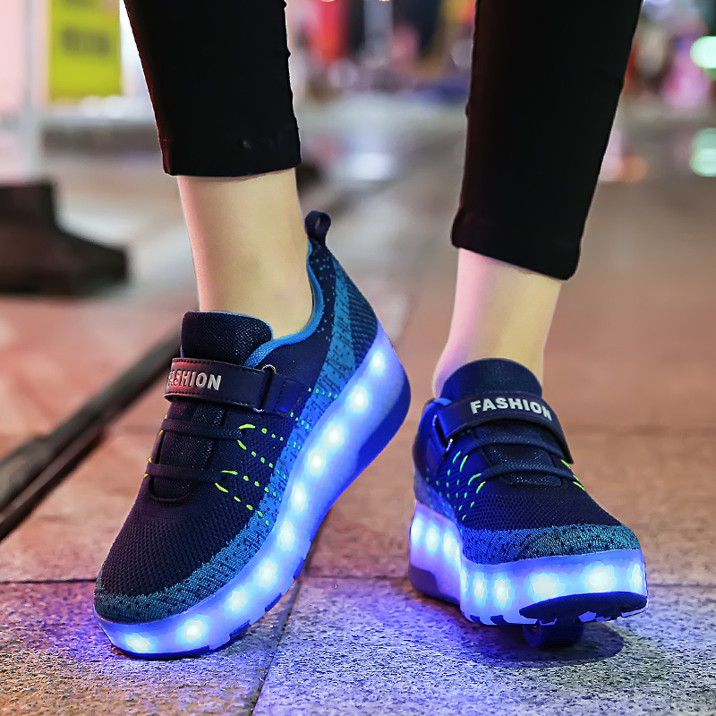 

Size 28-40 Luminous Sneakers With Double Wheels Boys LED Roller Skate Shoes Kids Girls USB Charged Children Glowing Wheels Shoes, Black