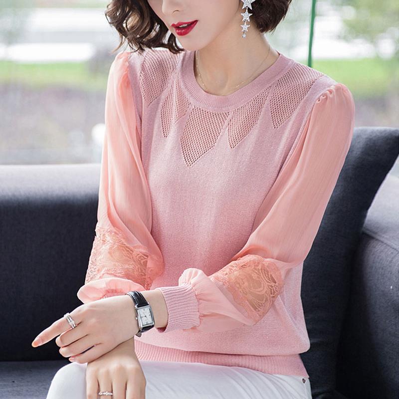 

Women Autumn Knitted Sweater Ladies Sexy Lace Patchwork Long Sleeve Pullover Top Casual Winter Pink White 2021 Women's Sweaters, Black