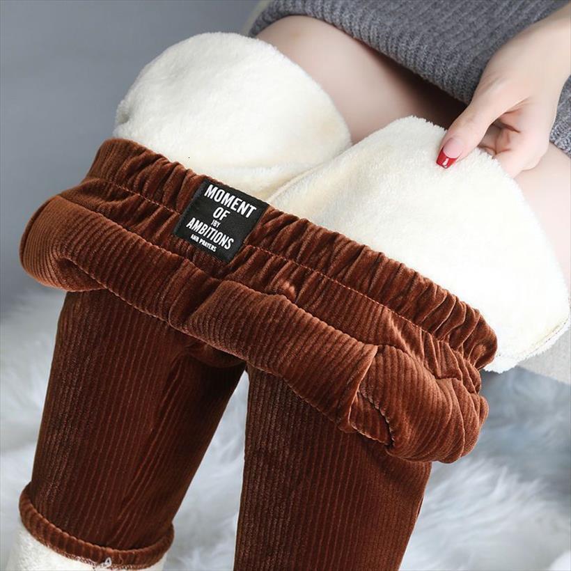 

corduroy padded warm fashion women pant stretch high waist winter simple solid color lamb wool harem, Black;white