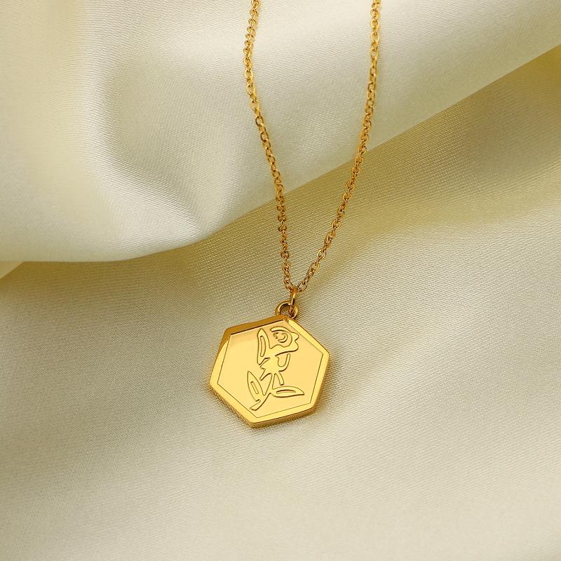 

Pendant Necklaces Fashion Rose Flower Hexagon Geometric Necklace 18K Gold Plating 316 Stainless Steel Chain Gift Jewelry, Silver