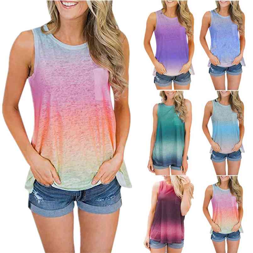 

Female Pocket O-neck Gradient Blue Sleeveless Tank Top Women Summer Cotton Pullover Casual Loose Plus Size s 210604, Green