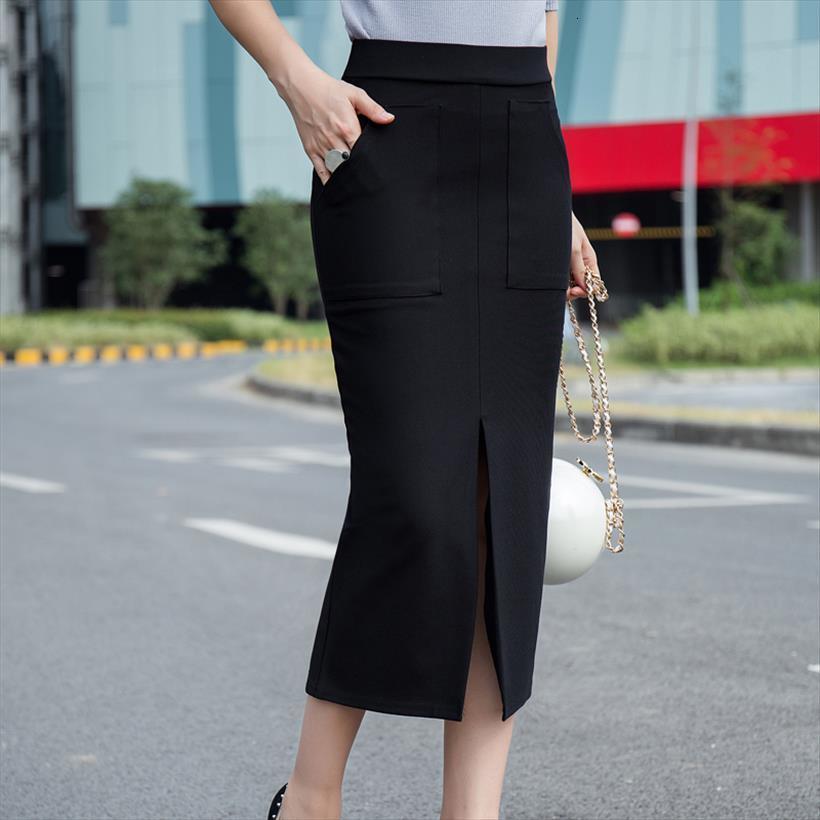 

autumn and winter slit womens skirts slim with pocket high waist elastic skinny female one step l90, Black