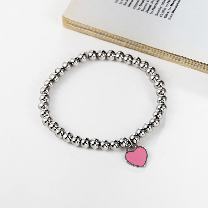 Charm Bracelets Classic Design Light Blue And Pink Enamel Heart Bead Bracelet High Quality Titanium Steel Jewelry Love Woman-image-748066140