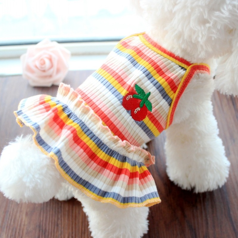 

Spring and Summer Dog Pet Lovers Thin Clothes Color Stripe Cat Skirt Vest, Pink striped cherry suspender skirt