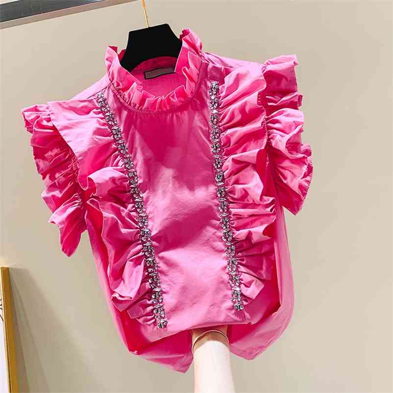 

Elegant Women' Ruffles Sleeveless Beading T-Shirt Tee Summer Girls Pullover Casual Tops Tees A2674 210519, Beige