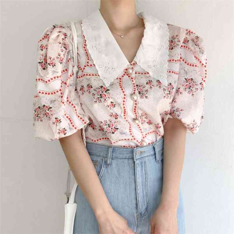 

Korean Temperament Sweet Doll Collar Chiffon Print Women Blouses Fashion Puff Sleeve Office Chic Blusas 210519, Photo color