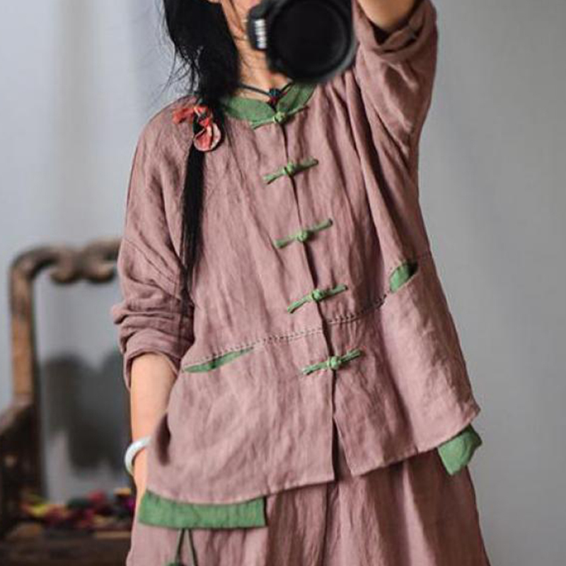 

Johnature Cotton Linen Comfortable Retro Style O-neck Single Breasted Long Sleeve Coats Autumn Women All-match Coat 210521, Pink