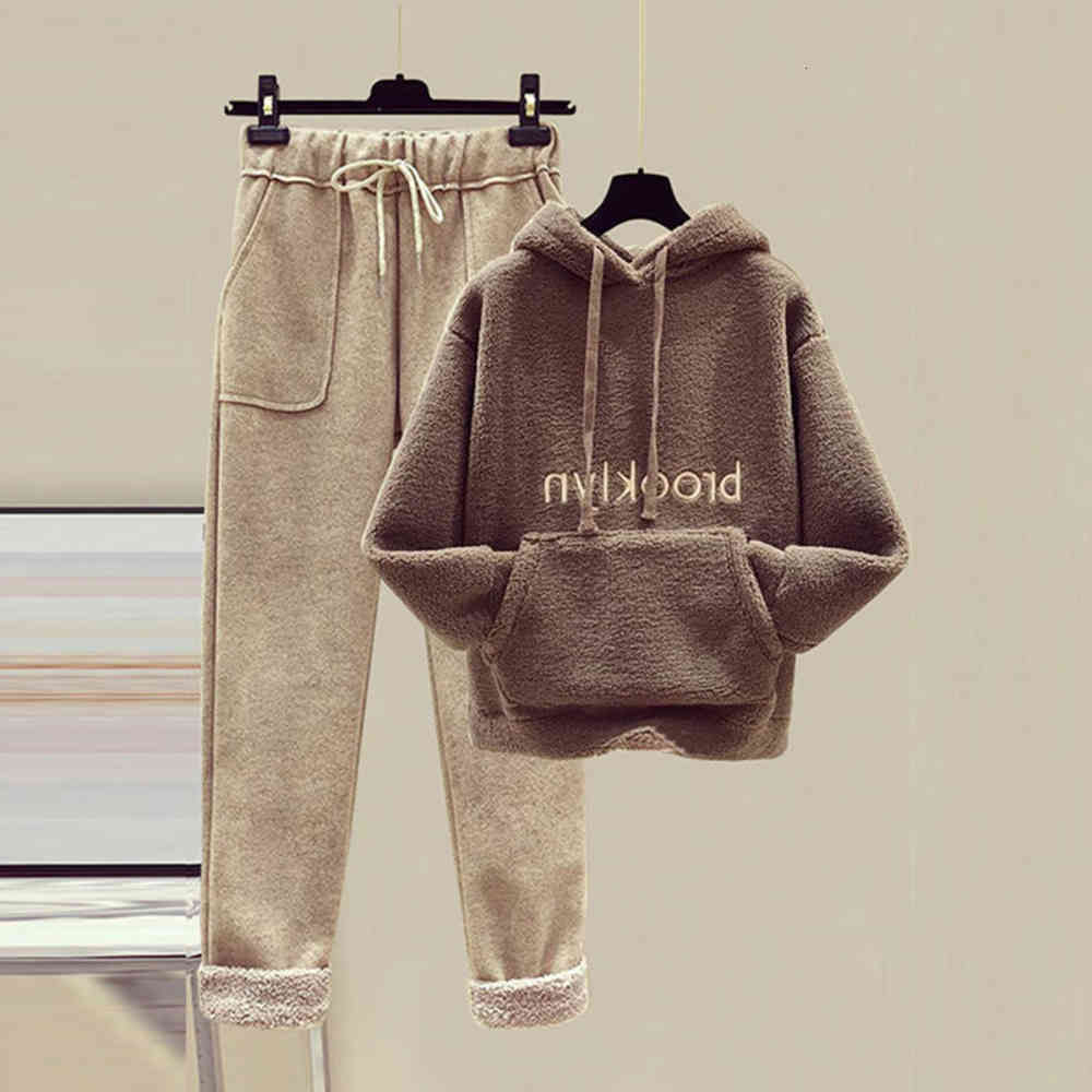 

Imitation Lamb Oversized Long Sleeve Thickening Hoodie Flannel Pants Embroidery Winter Clothes Female Two-piece Suit, Grey pants