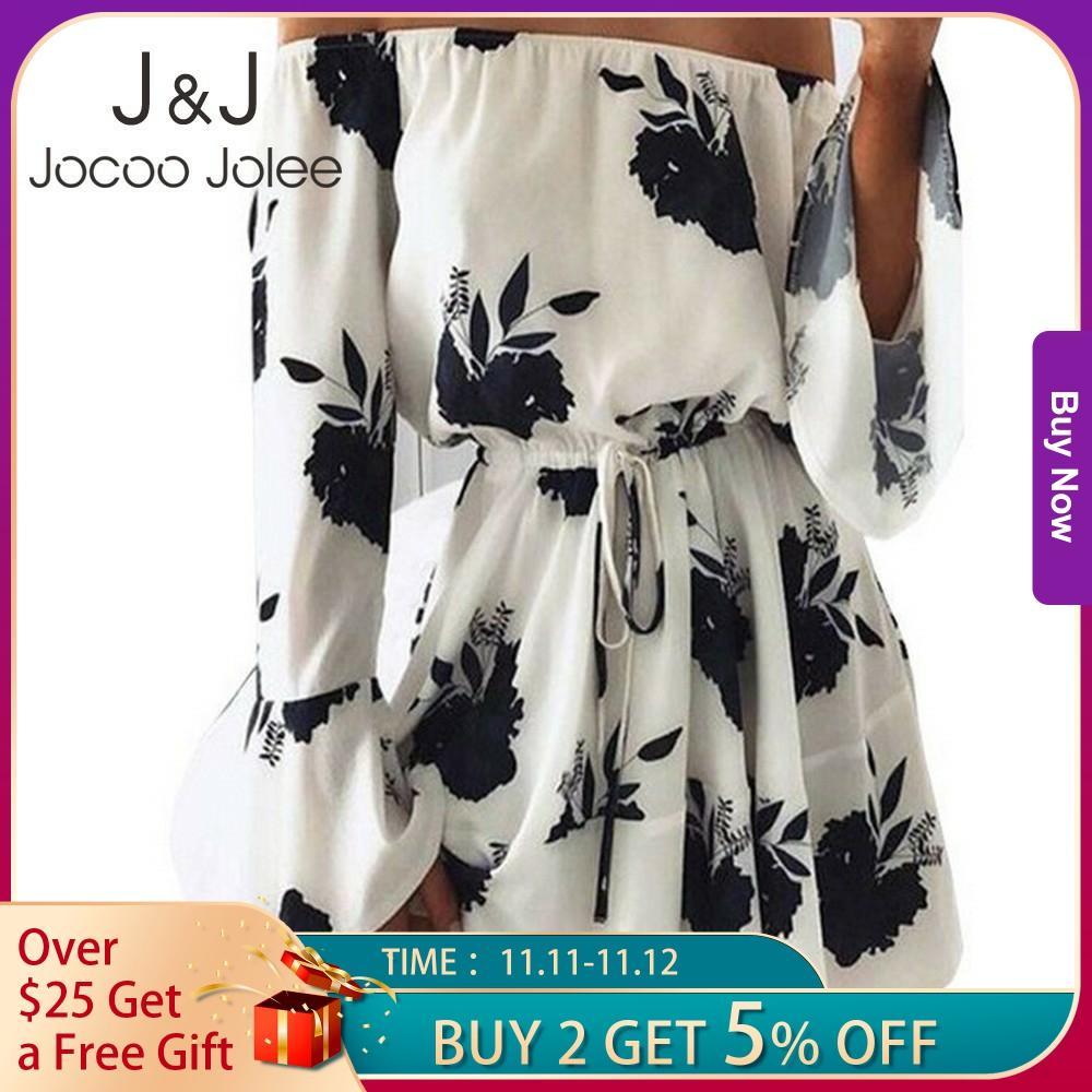 

Jocoo Jolee Women Summer Casual Off Shoulder Floral Print Mini Dress Female Elegant Boho Loose Dresses with Sashes 210518, Blue floral
