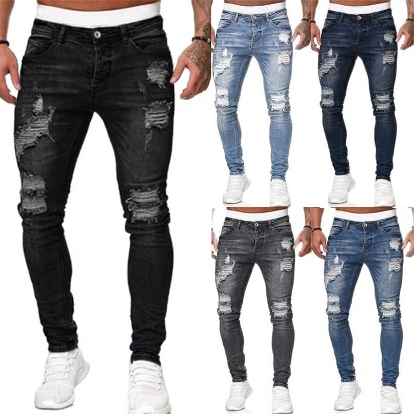 

Men' Jeans Ripped Skinny Hole Trousers Stretch Slim Denim Pants Large Size Hip Hop Black Blue Casual Jogging for Men 211108