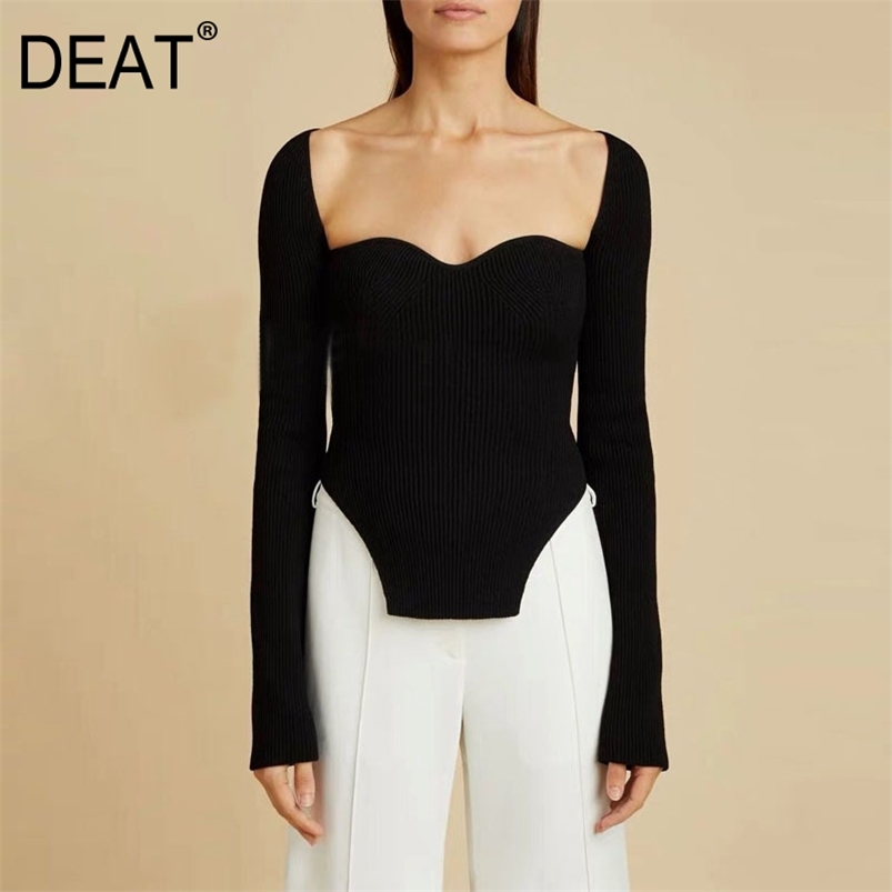 

DEAT spring sexy stylish sqaure collar full sleeves knitting pullover sexy slim T-shirt female top WK08001L 210722, White