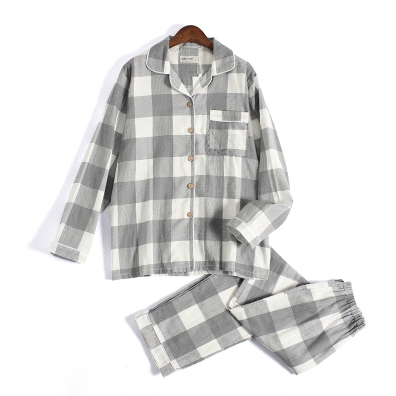 

Fresh plaid 100% gauze cotton lovers pajama set and men Autumn long sleeve Japanese casual sleepwear pyjamas 211106, Women blue plaid b