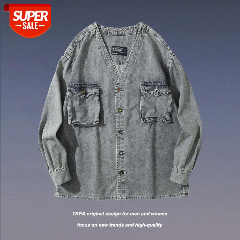 

TKPA washed and worn collarless tooling jacket men's vintage loose wild V-neck shirt #Ci7k, White;black