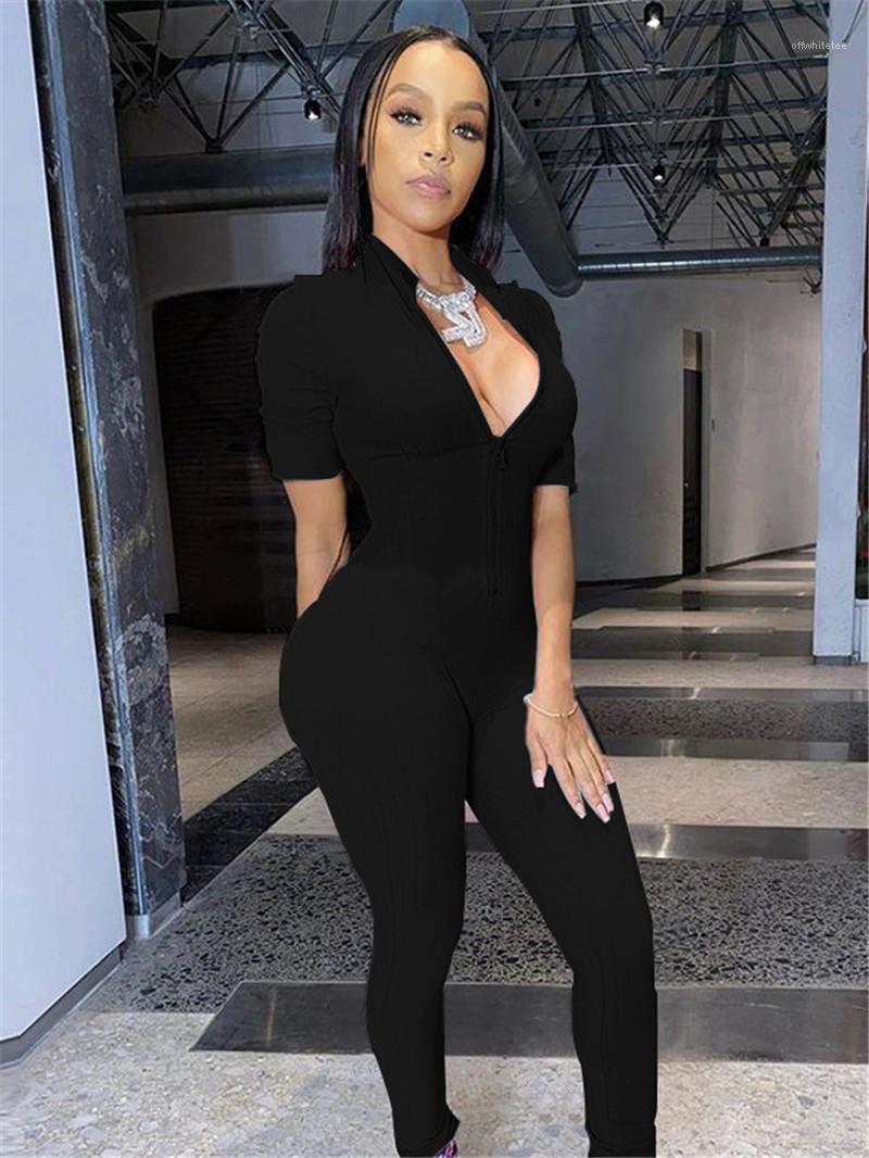 

Fly New Womens Clothing Sexy Womens Skinny Romper Fashion Soild Color Lepal Neck Jumpsuits Designer Zipper, Black;white