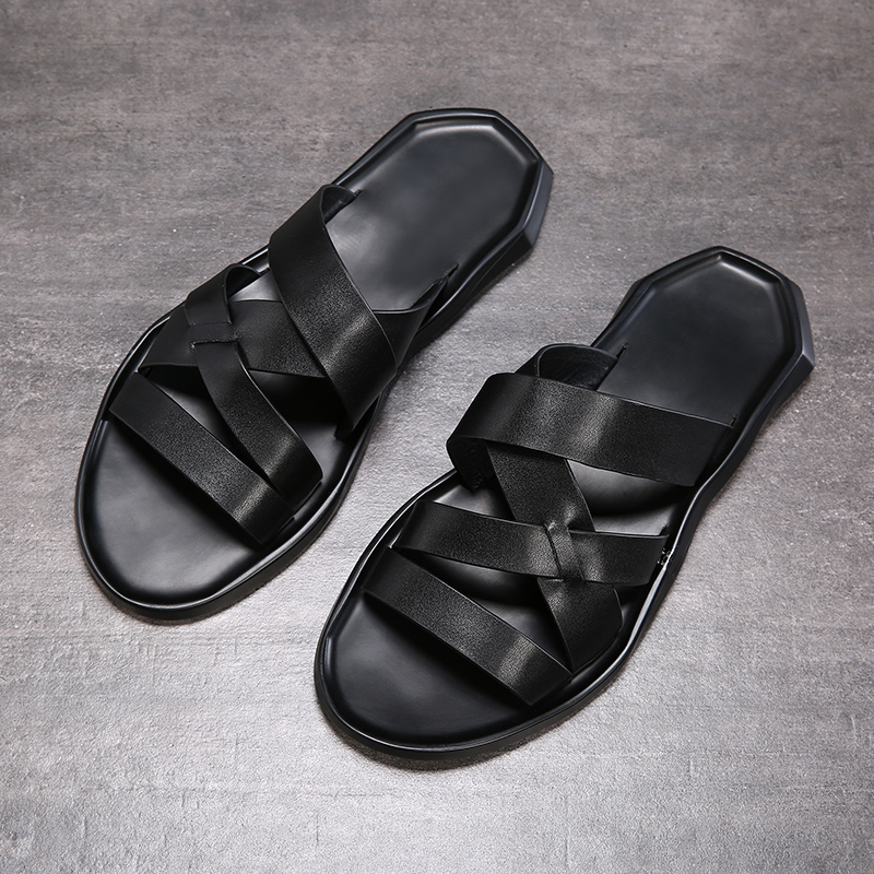 

2021 Mens Sandals Summer Beach Slipper Flip flops Flat heel Leather Casual Sandals, Black
