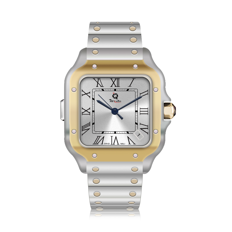 

Men's Mechanical Automatic Watch REQUIN WSSA Silver White Stainless Steel Case Gold Three Hands Sapphire Dial SANTO luxury 100XL Calendar 40MM brand, Box