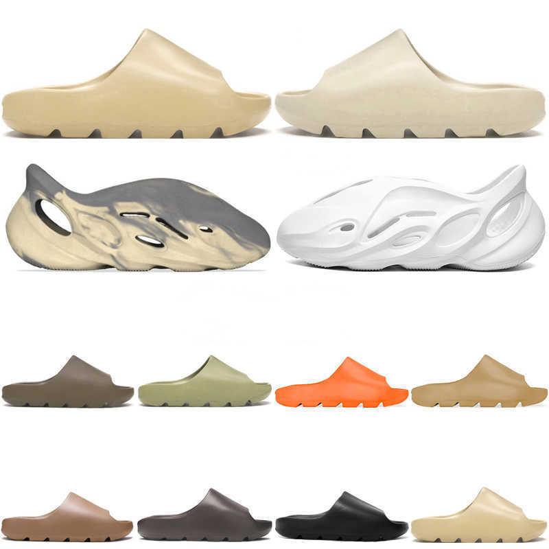 

2022 Yeezy Slides Men Women Sandals Slippers Core Bone Earth Brown Pure Desert Sand Foam Runner Triple White Black Outdoor With Box, 3-6344 sand color