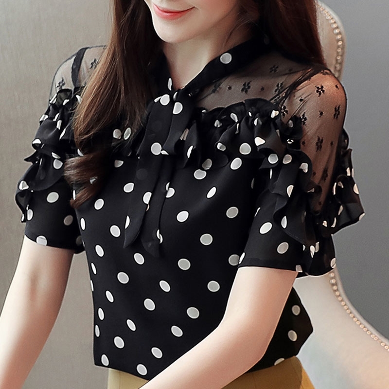 

Blusas Mujer De Moda Blouse Women Short Sleeve Summer Blouse Shirt Tops Ruffles Dot Chiffon Blouse Women Clothes Shirts D95 210602, Black