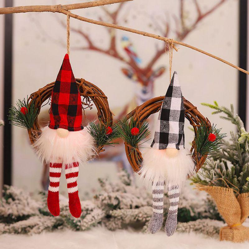 

Christmas Decorations Faceless Doll Figurine Rattan Ring Pendant Wreath Ornaments With Light Window Decoration