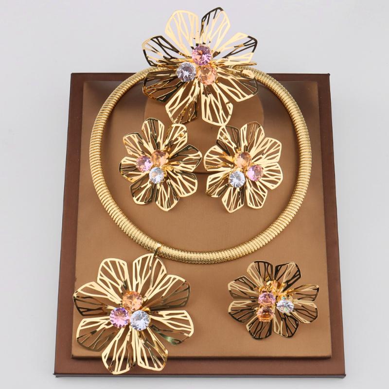 

Earrings & Necklace Luxury Ladies Gem Jewelry Set Big Gold Color Flower Bangle Romantic Exaggerated Wedding Bridal Rings Girls Accessories, Silver