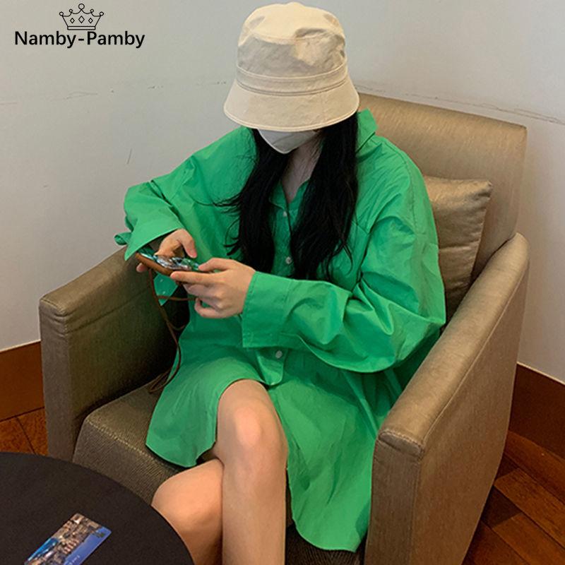 

Women's Blouses & Shirts 2021 Summer Korean Chic Spring Temperament Light Green Shirt Coats Women Loose Casual Blouse Turn-down Collar, White