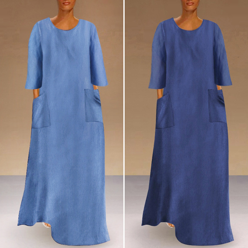 

Casual Dresses 2021 Spring Round Neck Pullover Solid Large Casual Medium Sleeve Denim Dress Long Skirt, Black;gray