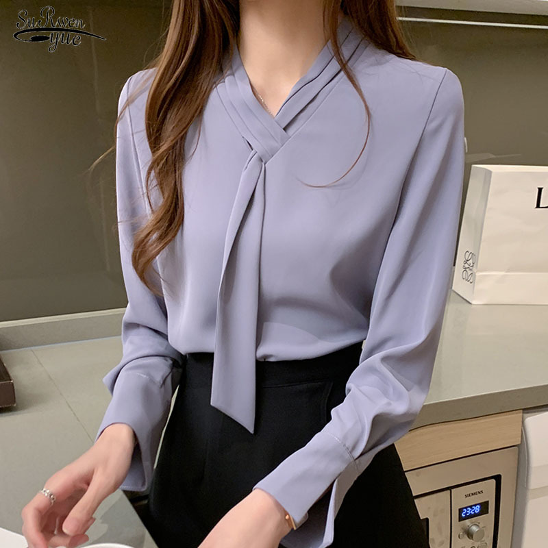 

Autumn Fashion Bow Shirt Office Lady Shirts and Blouses Women Solid Loose Pullover Plus Size Long Sleeve Chiffon Tops 11050 210521, Blue gray