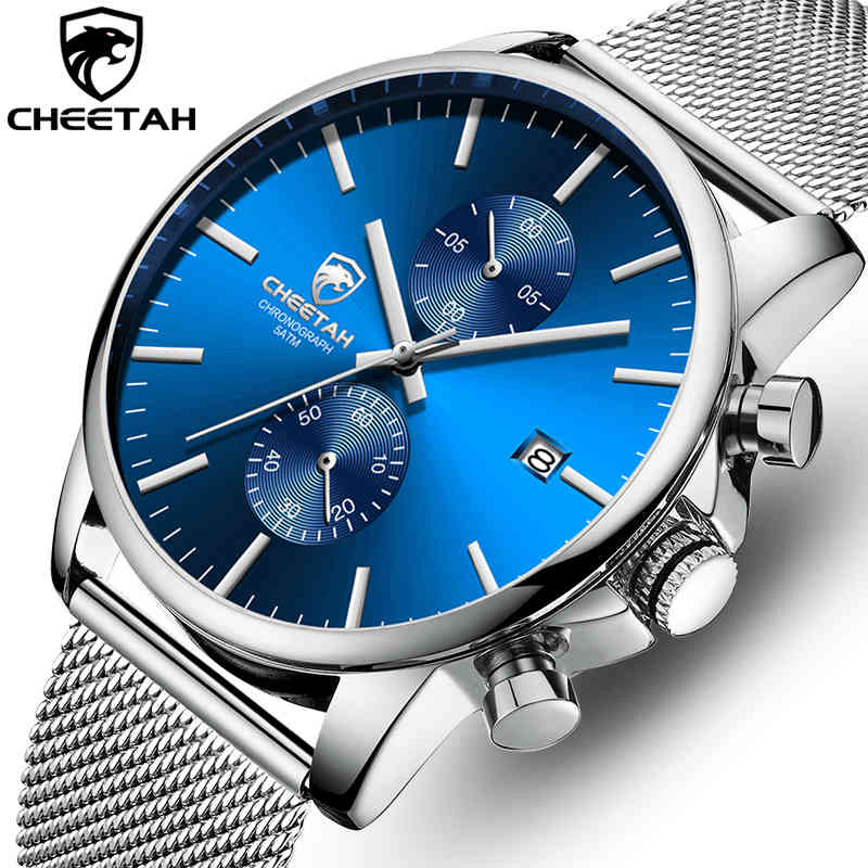 

Men Watch CHEETAH Top Brand Stainless Steel Waterproof Chronograph Watches Mens Business Blue Quartz Wristwatch reloj hombre 210517, Leather brb