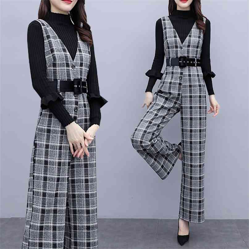 

Fashion women's suit autumn and winter woolen plaid jumpsuit wide leg + knitted bottoming shirt two-piece set 210520, Photo color