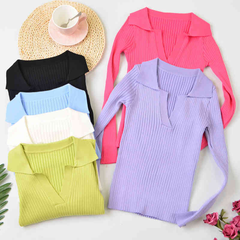 

Knitted T-Shirts Women V-Neck Turn-Dwon Collar Solid Tees Long Sleeve T-shirts For Summer Crop Top 210518, Black