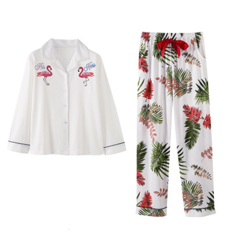 

Women's Sleepwear 100% Cotton Pajamas Set Women Embroidery Flamingo Sexy Pyjama Long Shirt Pants 2 Pieces/Set Home Fashion Big Siz, Style 10