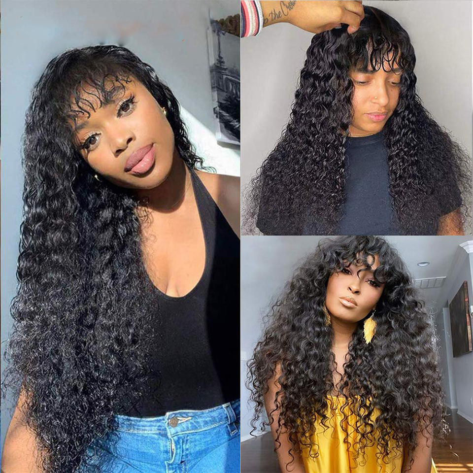 

Brazilian Natural Black Water Wave No Lace Full Machine Made Human Hair Wigs With Bang For Women, Natural color