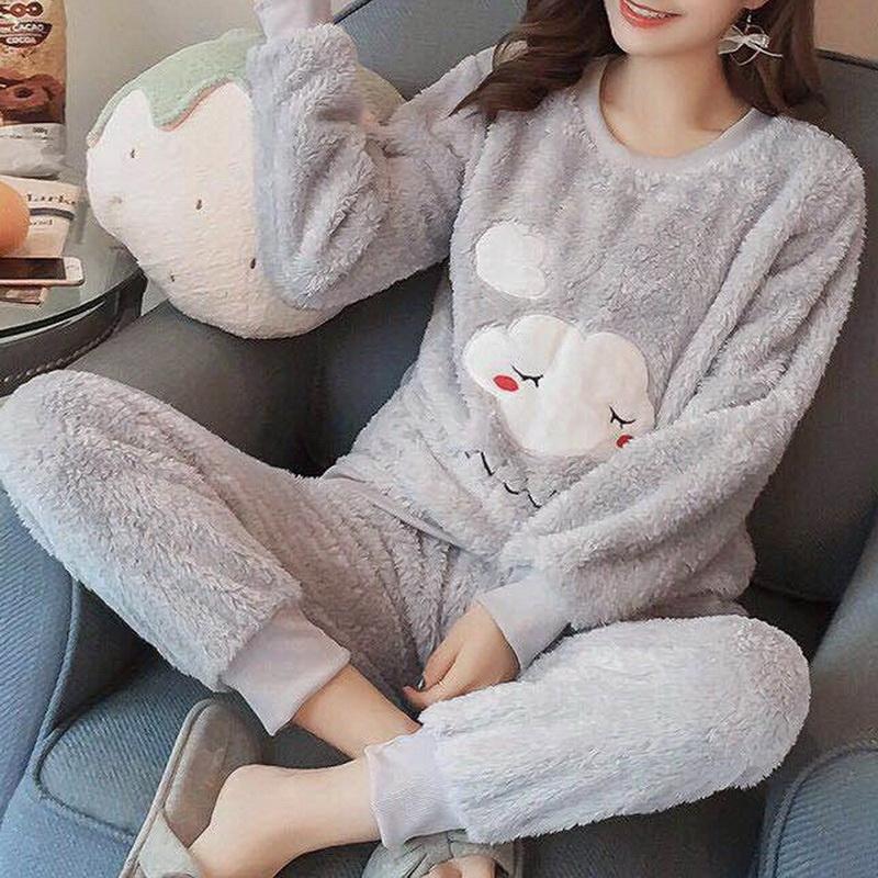 

womens sleepwears zity flannel long sleeved pajamas women winter home service suit wom cute autumn thickening plus velvet coral fleece, Black;red