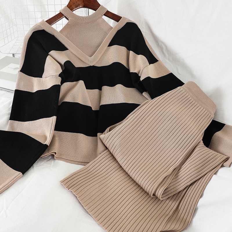 

Autumn Women Two Piece Set Knitted Pullovers Sweater Halter Stripe Casual Tops + Wide Leg Long Pants Suits Tracksuits 210526, Photo color