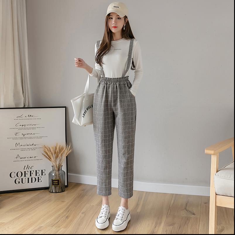 

womens pants spring summer women overalls harem vintage plaid casual loose fashion female straight trousers, Black;white