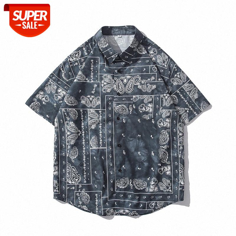 

American retro cashew flower shirt men's half-sleeved loose hip-hop street ruffian handsome short-sleeved jacket #O62d, White;black